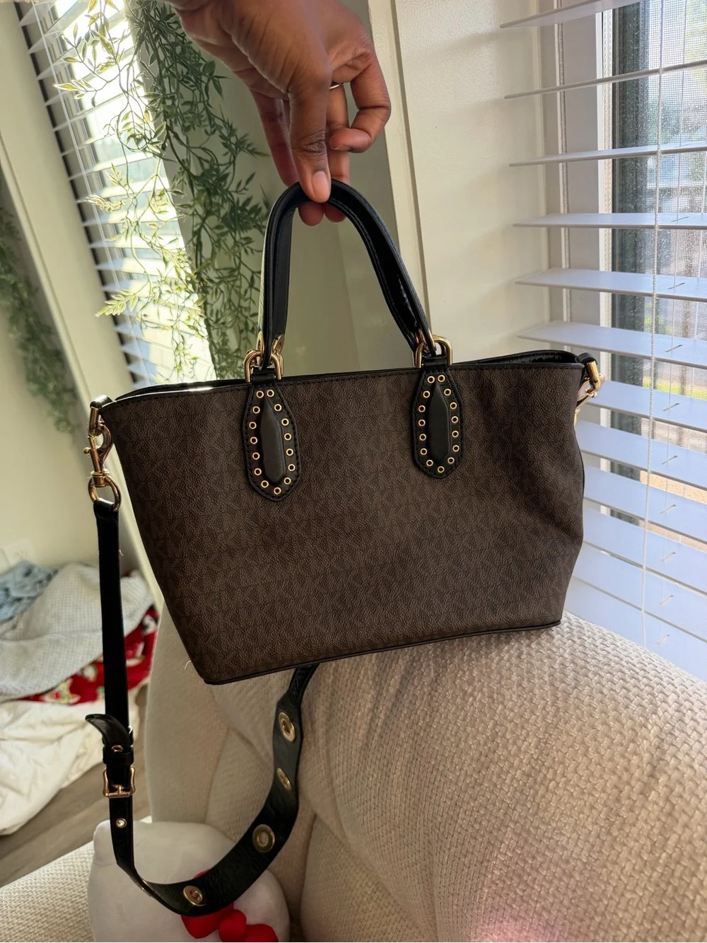 Michael Kors Brown Logo Satchel with Black Trim and Gold Hardware